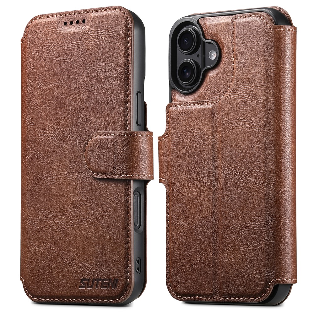 SUTENI Q-05 For iPhone 16 Plus Wallet Case 2 in 1 Detachable Leather Flip Phone Cover with Stand - Brown