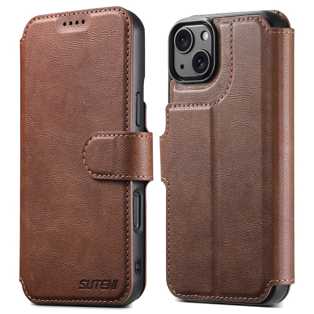 SUTENI Q-05 For iPhone 15 Plus / 14 Wallet Case 2 in 1 Detachable Leather Flip Phone Cover with Stand - Brown