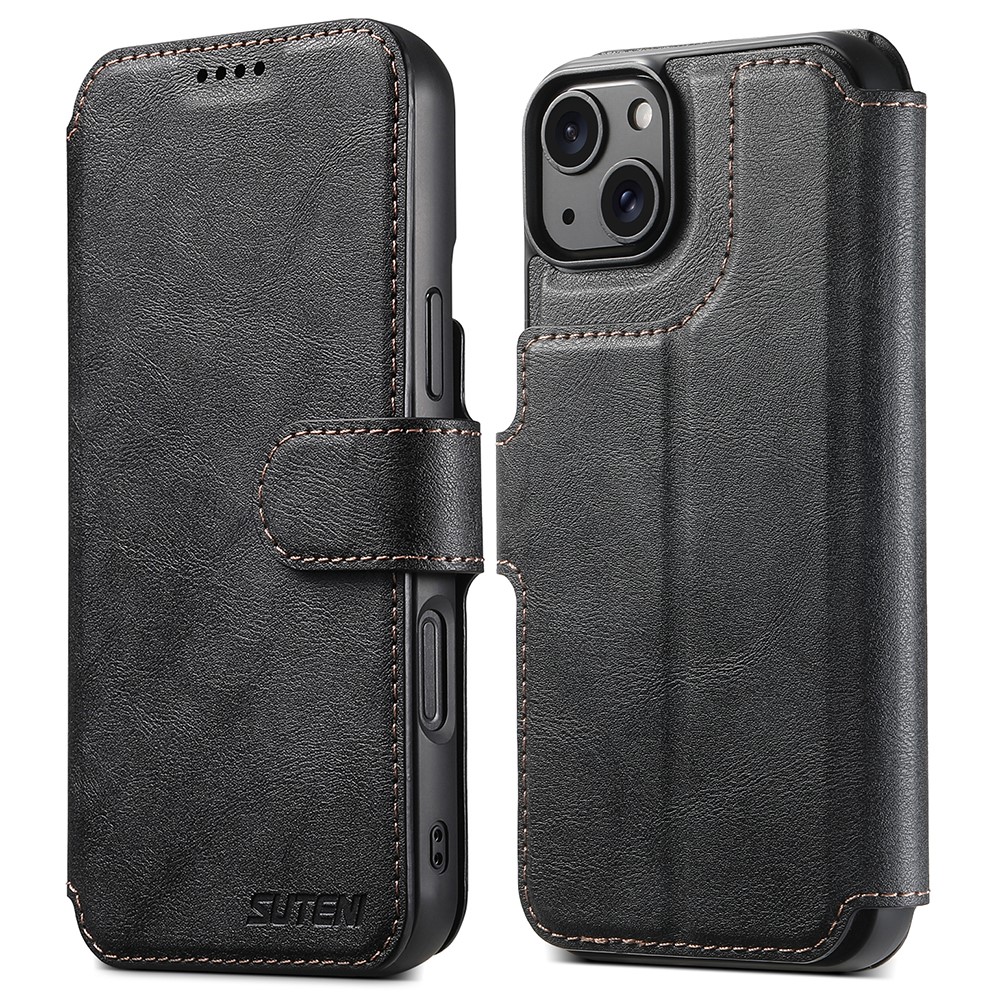 SUTENI Q-05 For iPhone 15 Wallet Case 2 in 1 Detachable Leather Flip Phone Cover with Stand - Black