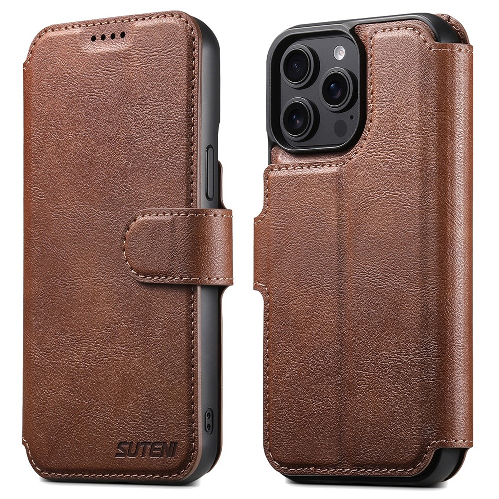 SUTENI Q-05 For iPhone 13 Pro Max Wallet Case 2 in 1 Detachable Leather Flip Phone Cover with Stand - Brown