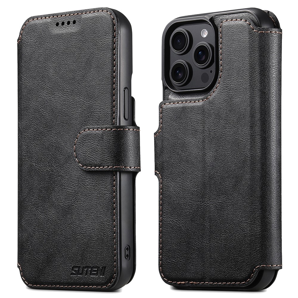 SUTENI Q-05 For iPhone 13 Pro Wallet Case 2 in 1 Detachable Leather Flip Phone Cover with Stand - Black