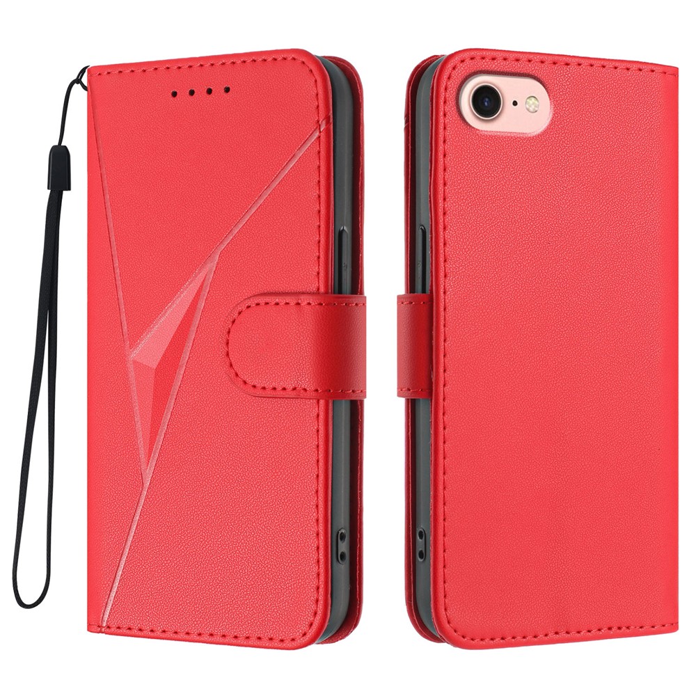 For iPhone 16e Case Triangle Imprint Leather Phone Cover with Lanyard - Red