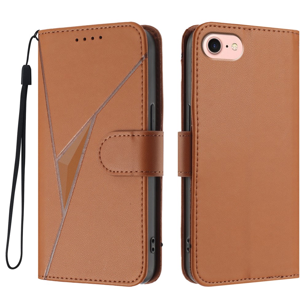 For iPhone 16e Case Triangle Imprint Leather Phone Cover with Lanyard - Coffee