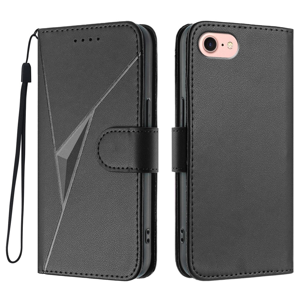 For iPhone 16e Case Triangle Imprint Leather Phone Cover with Lanyard - Black