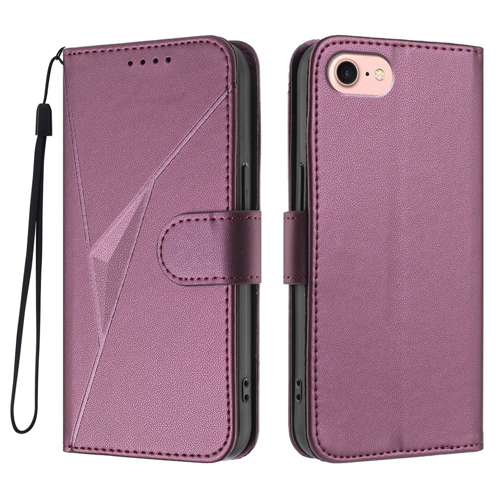 For iPhone 16e Case Triangle Imprint Leather Phone Cover with Lanyard - Dark Purple