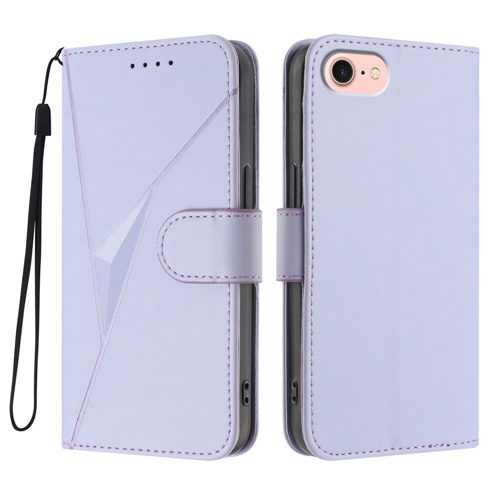 For iPhone 16e Case Triangle Imprint Leather Phone Cover with Lanyard - Light Purple