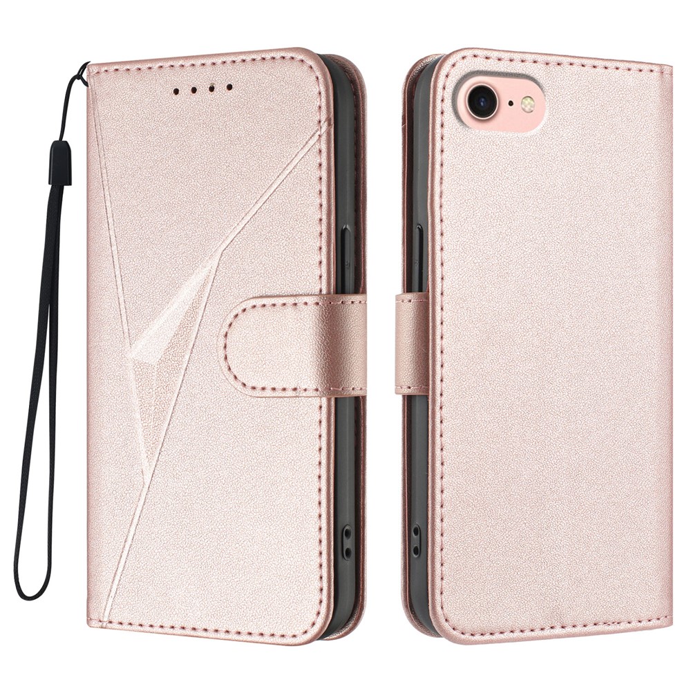 For iPhone 16e Case Triangle Imprint Leather Phone Cover with Lanyard - Rose Gold