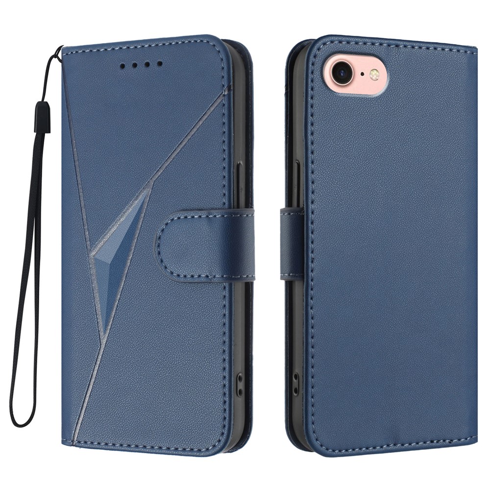 For iPhone 16e Case Triangle Imprint Leather Phone Cover with Lanyard - Royal Blue
