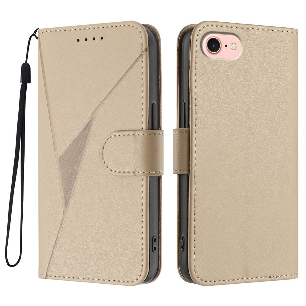 For iPhone 16e Case Triangle Imprint Leather Phone Cover with Lanyard - Golden