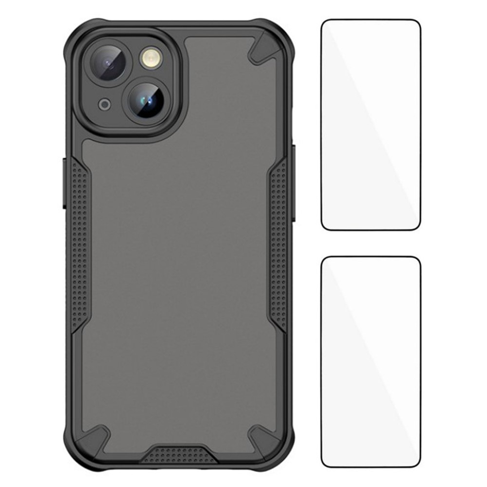 WANLONFENG MFFJ2 Series For iPhone 15 Back Cover with 2PCS Tempered Glass TPU + Acrylic Phone Case - Black