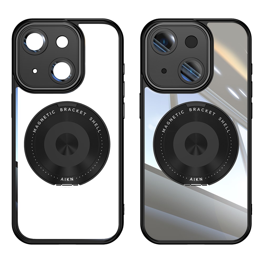 For iPhone 15 Magnetic Case PC + TPU Phone Cover with Rotating Metal Kickstand, Lens Protector - Black
