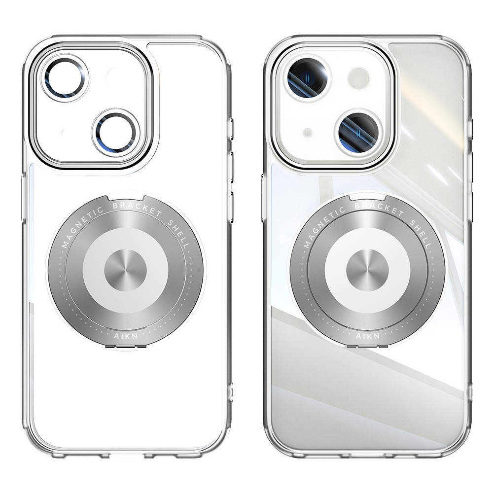 For iPhone 15 Magnetic Case PC + TPU Phone Cover with Rotating Metal Kickstand, Lens Protector - Matte White