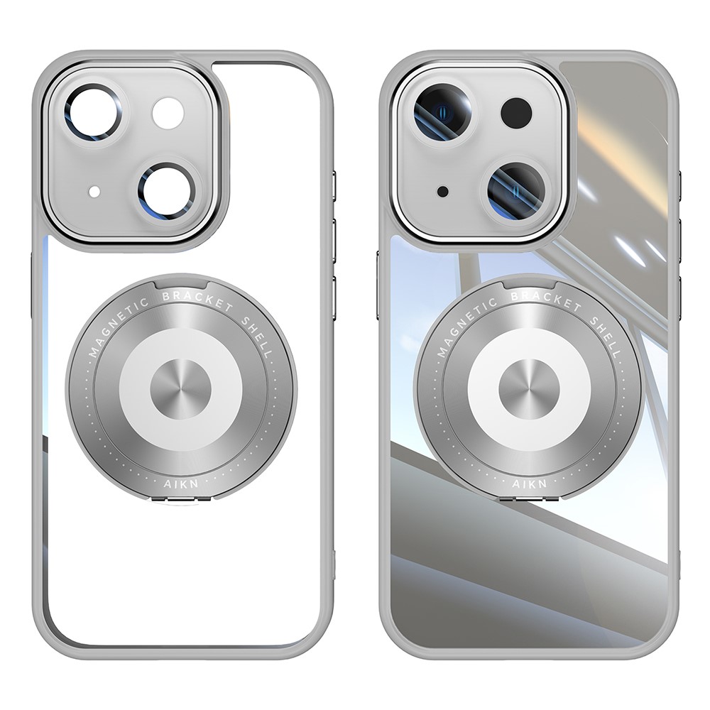 For iPhone 15 Magnetic Case PC + TPU Phone Cover with Rotating Metal Kickstand, Lens Protector - Titanium Grey