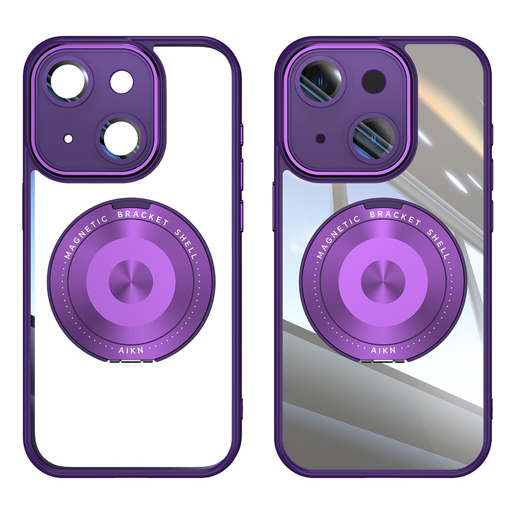 For iPhone 15 Magnetic Case PC + TPU Phone Cover with Rotating Metal Kickstand, Lens Protector - Dark Purple