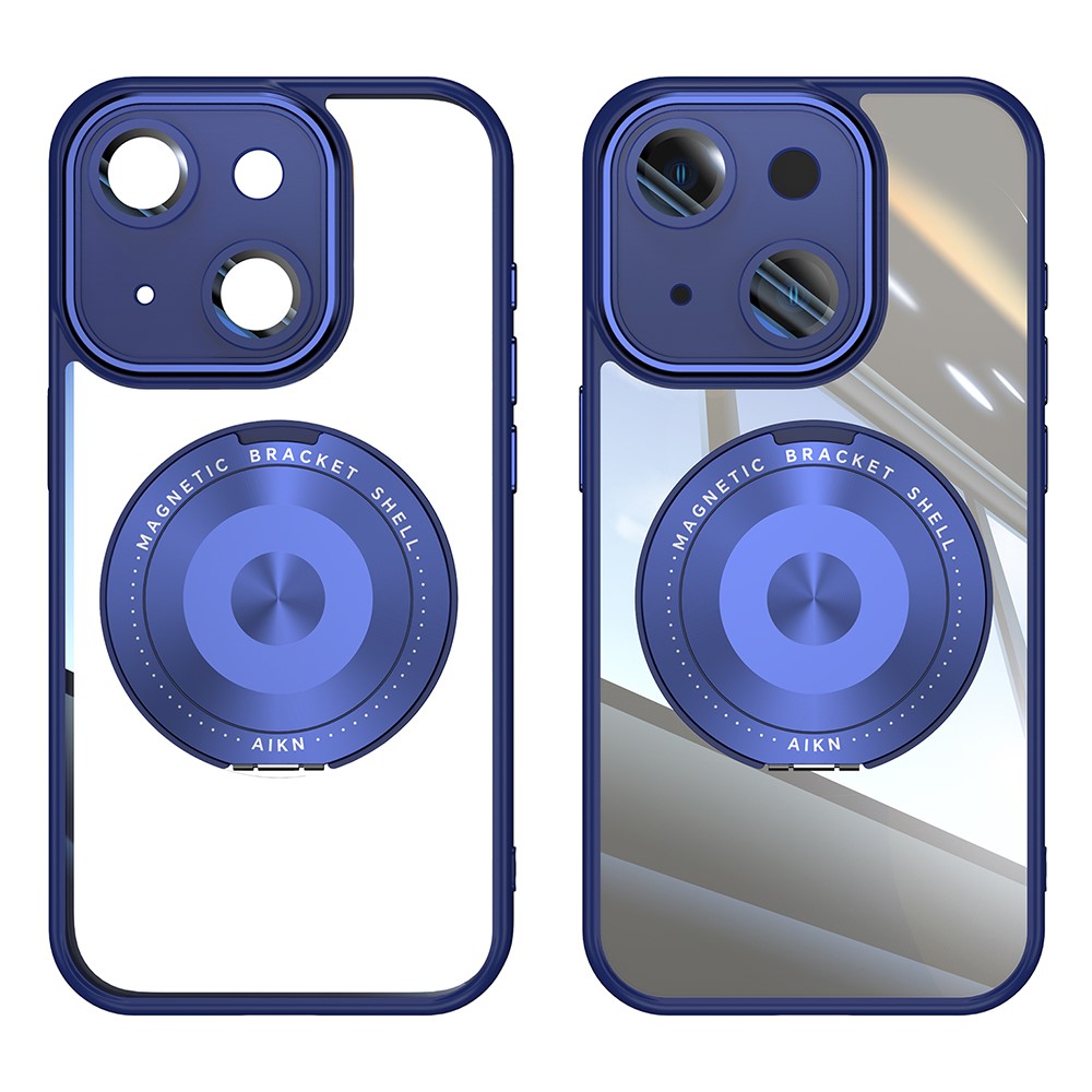 For iPhone 15 Magnetic Case PC + TPU Phone Cover with Rotating Metal Kickstand, Lens Protector - Blue