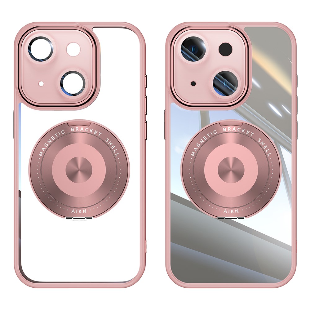 For iPhone 15 Magnetic Case PC + TPU Phone Cover with Rotating Metal Kickstand, Lens Protector - Pink