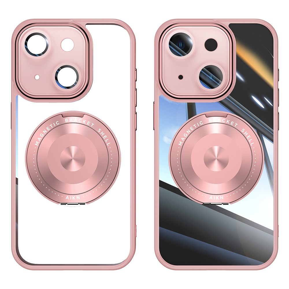 For iPhone 14 Magnetic Case PC + TPU Phone Cover with Rotating Metal Kickstand, Lens Protector - Pink