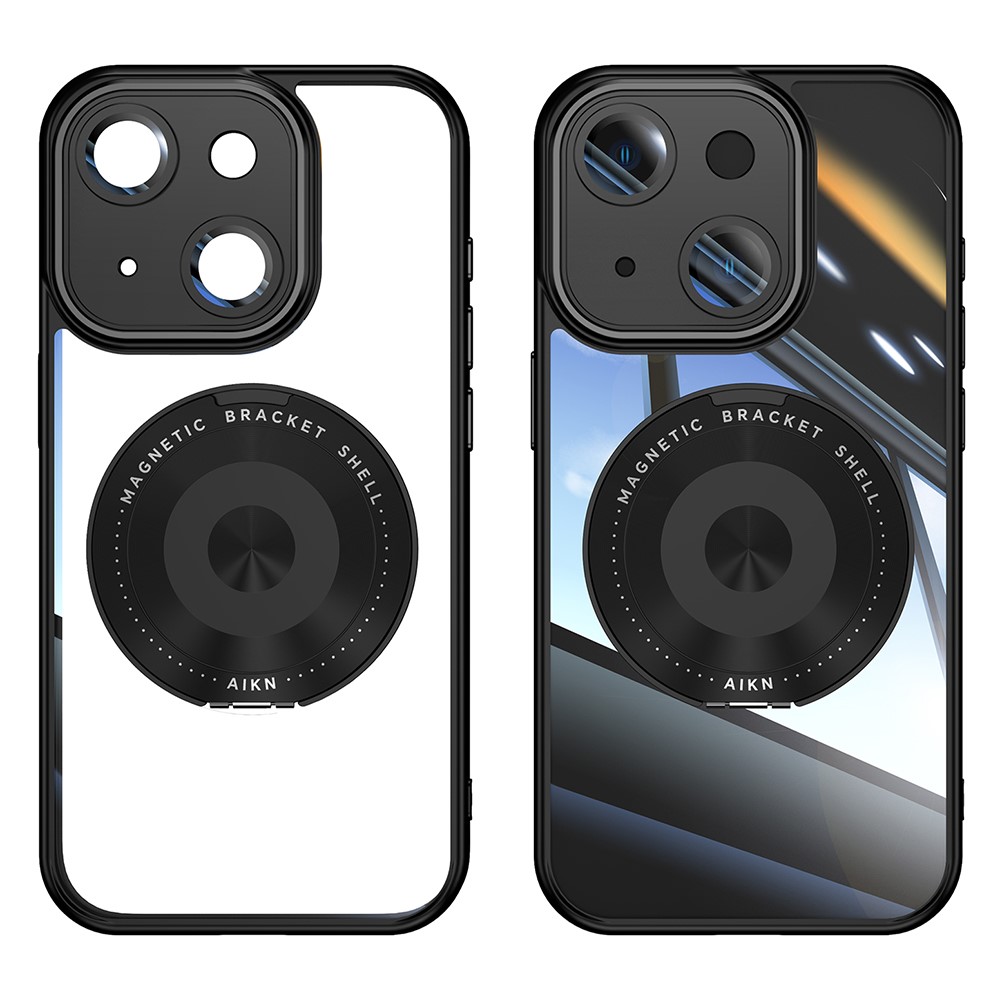 For iPhone 14 Magnetic Case PC + TPU Phone Cover with Rotating Metal Kickstand, Lens Protector - Black
