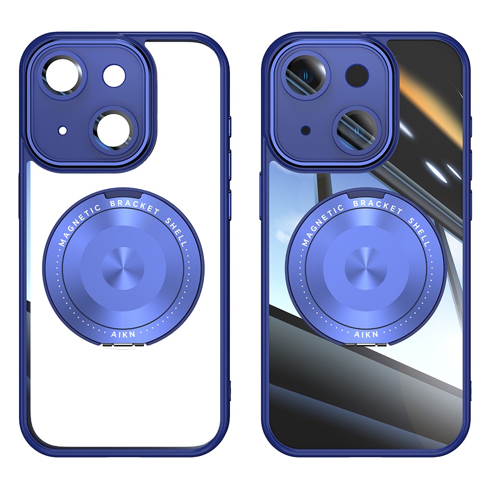 For iPhone 14 Magnetic Case PC + TPU Phone Cover with Rotating Metal Kickstand, Lens Protector - Blue