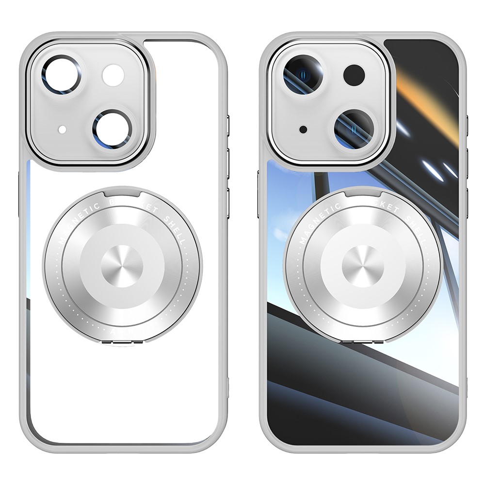 For iPhone 14 Magnetic Case PC + TPU Phone Cover with Rotating Metal Kickstand, Lens Protector - Titanium Grey