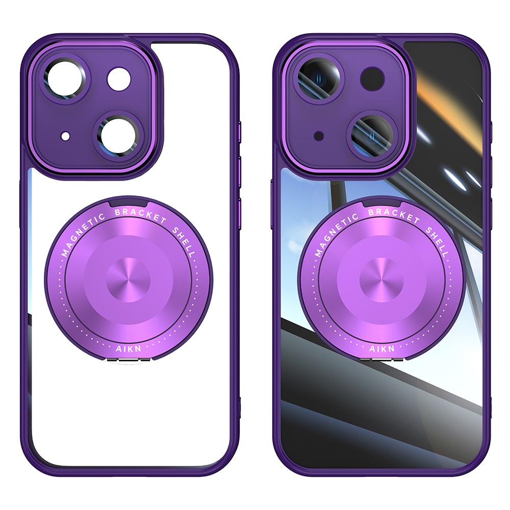 For iPhone 14 Magnetic Case PC + TPU Phone Cover with Rotating Metal Kickstand, Lens Protector - Dark Purple