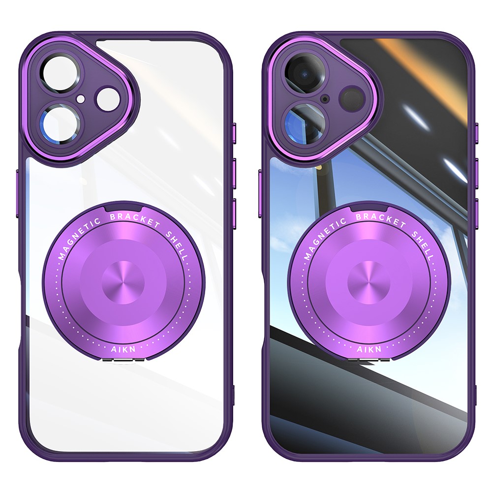 For iPhone 16 Plus Magnetic Case PC + TPU Phone Cover with Rotating Metal Kickstand, Lens Protector - Dark Purple