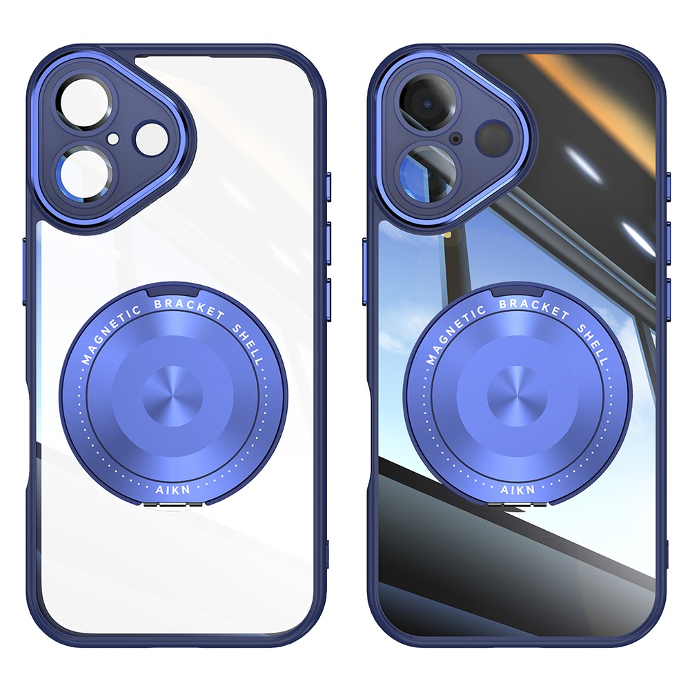 For iPhone 16 Plus Magnetic Case PC + TPU Phone Cover with Rotating Metal Kickstand, Lens Protector - Blue