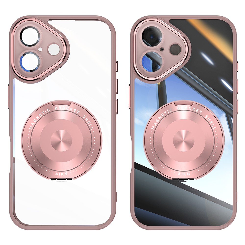 For iPhone 16 Plus Magnetic Case PC + TPU Phone Cover with Rotating Metal Kickstand, Lens Protector - Pink