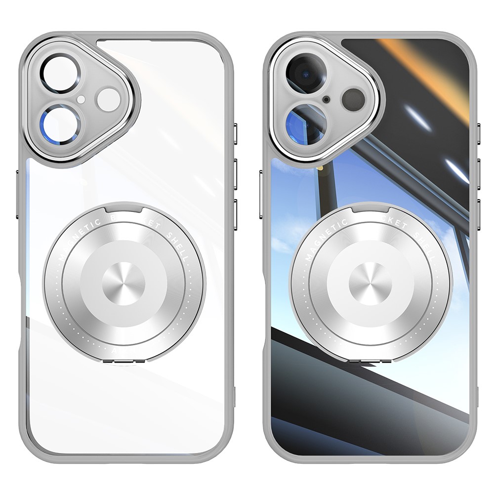 For iPhone 16 Plus Magnetic Case PC + TPU Phone Cover with Rotating Metal Kickstand, Lens Protector - Titanium Grey
