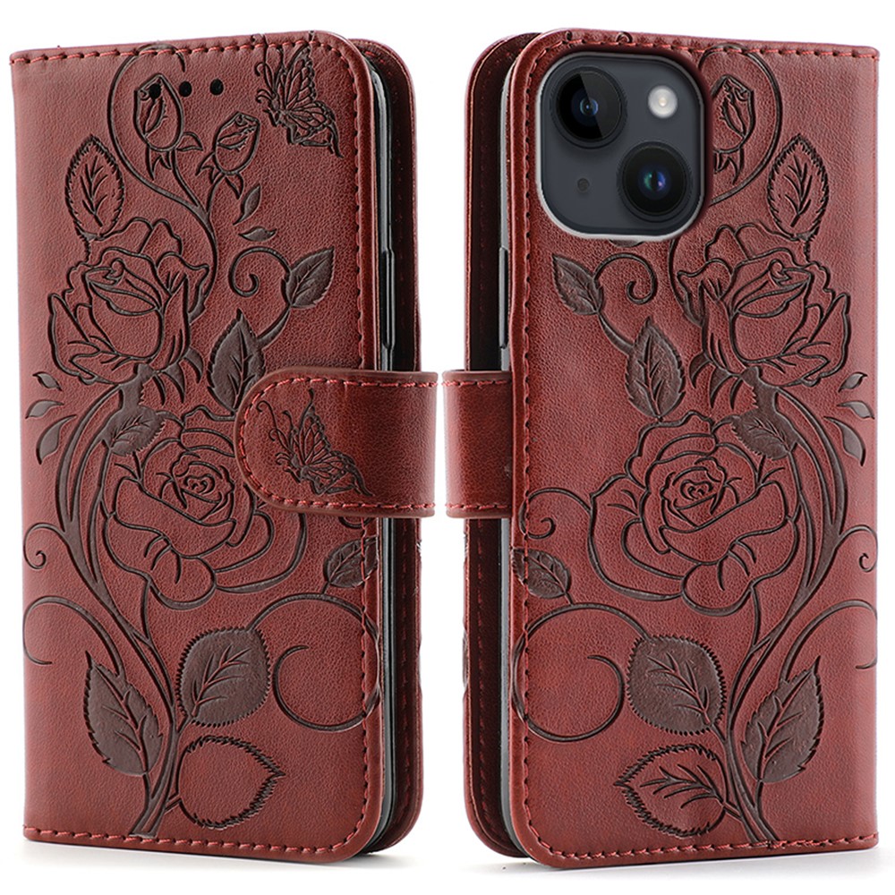 For iPhone 14 Case Wallet Stand Imprinted Rose Butterfly PU Leather Phone Cover - Brown