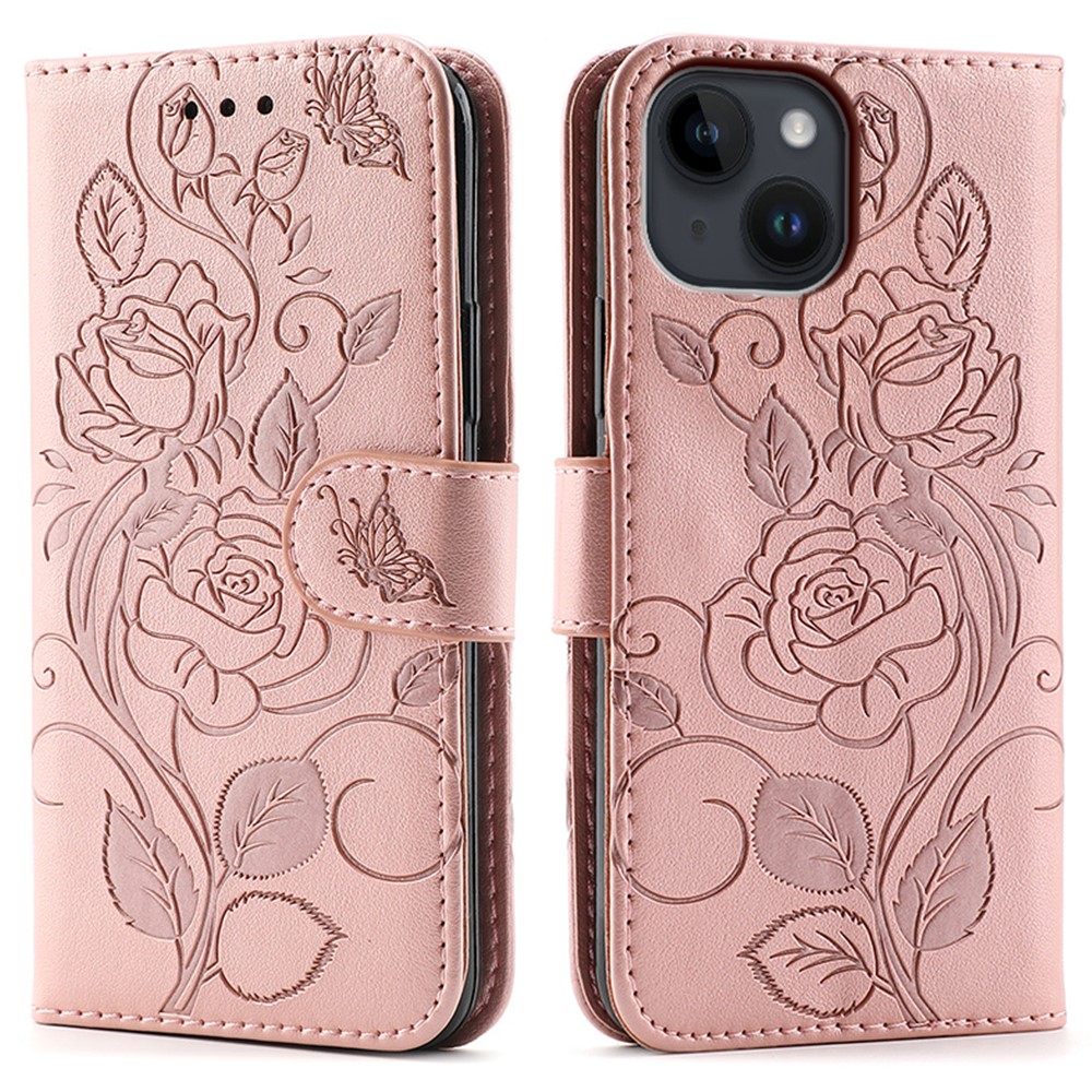 For iPhone 14 Case Wallet Stand Imprinted Rose Butterfly PU Leather Phone Cover - Rose Gold