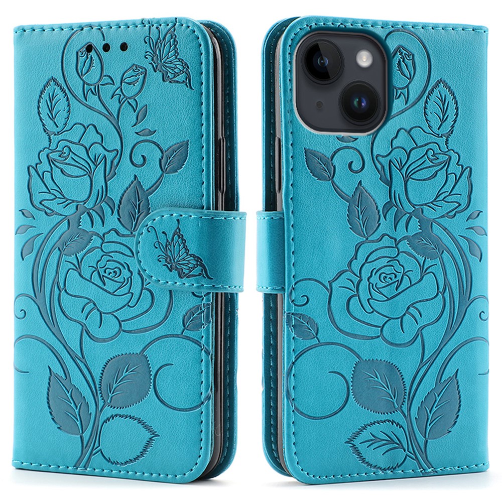 For iPhone 14 Case Wallet Stand Imprinted Rose Butterfly PU Leather Phone Cover - Blue