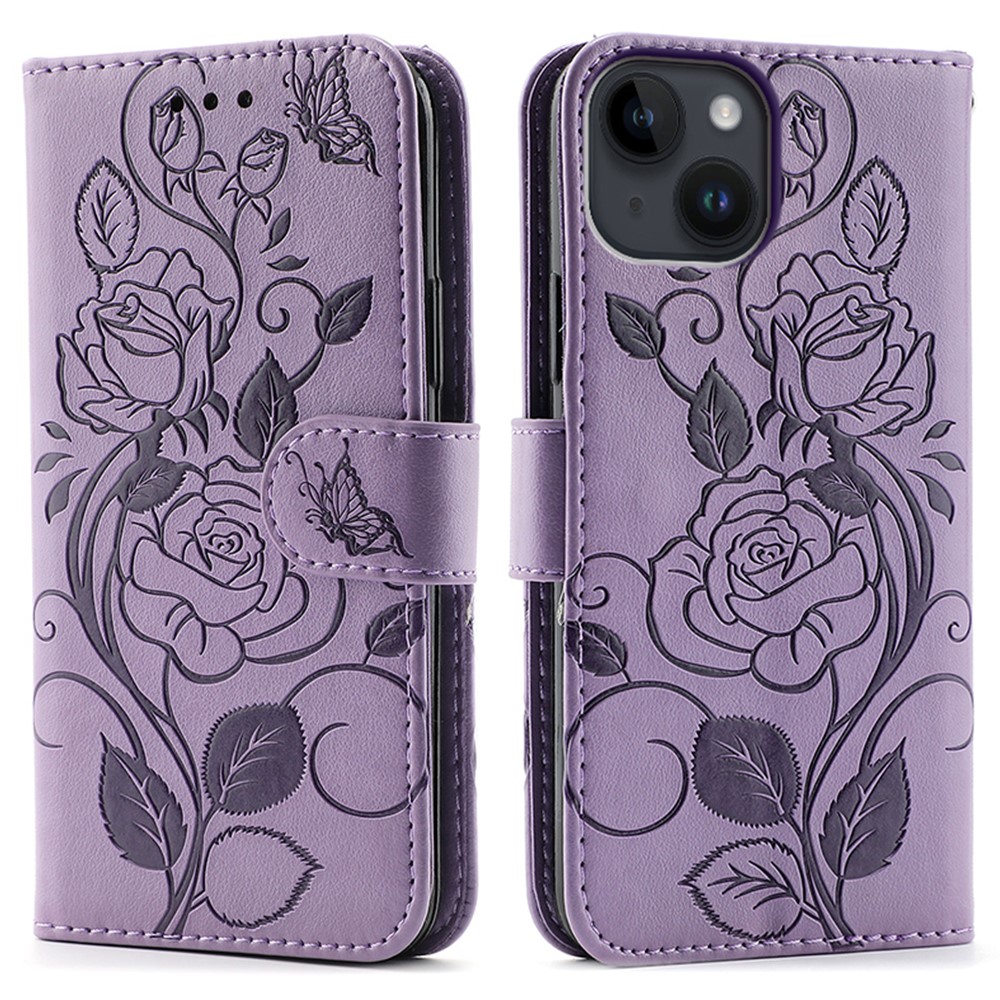 For iPhone 14 Case Wallet Stand Imprinted Rose Butterfly PU Leather Phone Cover - Purple