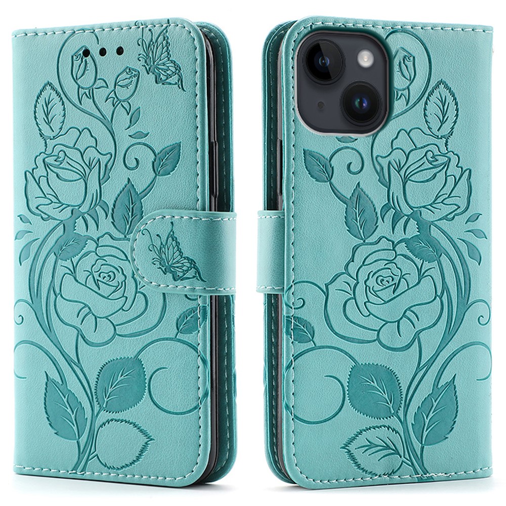 For iPhone 14 Case Wallet Stand Imprinted Rose Butterfly PU Leather Phone Cover - Green