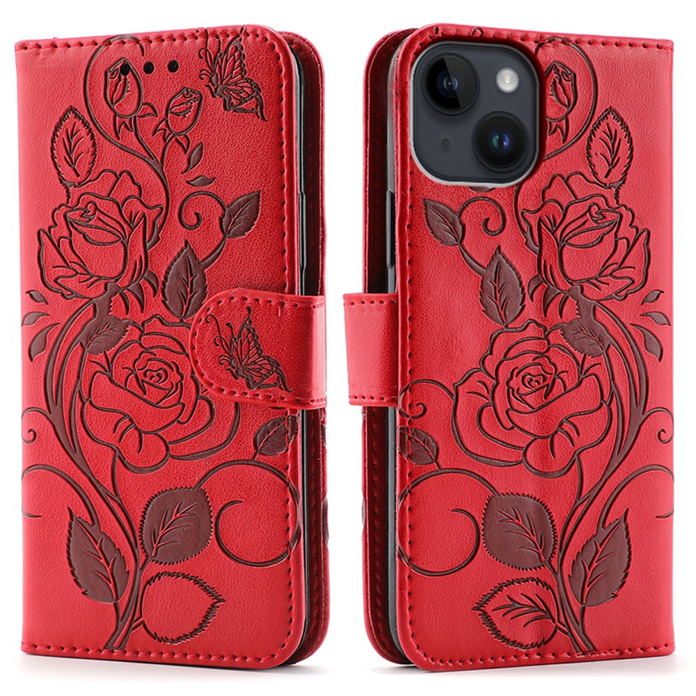For iPhone 14 Case Wallet Stand Imprinted Rose Butterfly PU Leather Phone Cover - Red