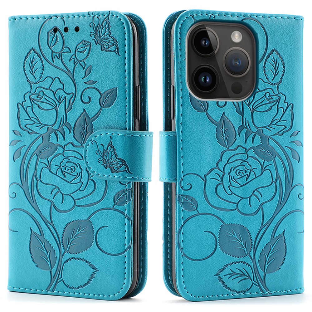 For iPhone 14 Pro Case Wallet Stand Imprinted Rose Butterfly PU Leather Phone Cover - Blue