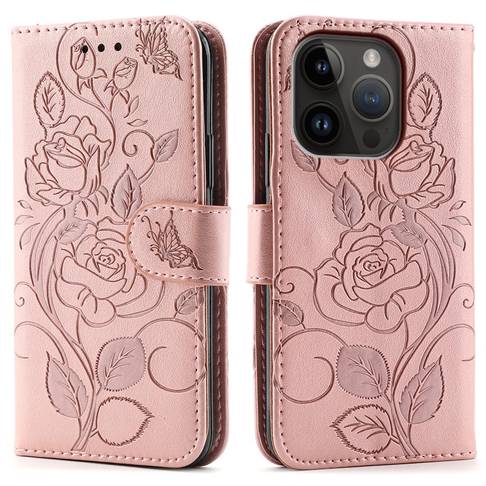 For iPhone 14 Pro Case Wallet Stand Imprinted Rose Butterfly PU Leather Phone Cover - Rose Gold