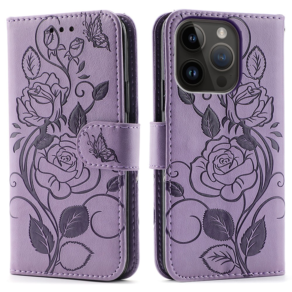 For iPhone 14 Pro Case Wallet Stand Imprinted Rose Butterfly PU Leather Phone Cover - Purple