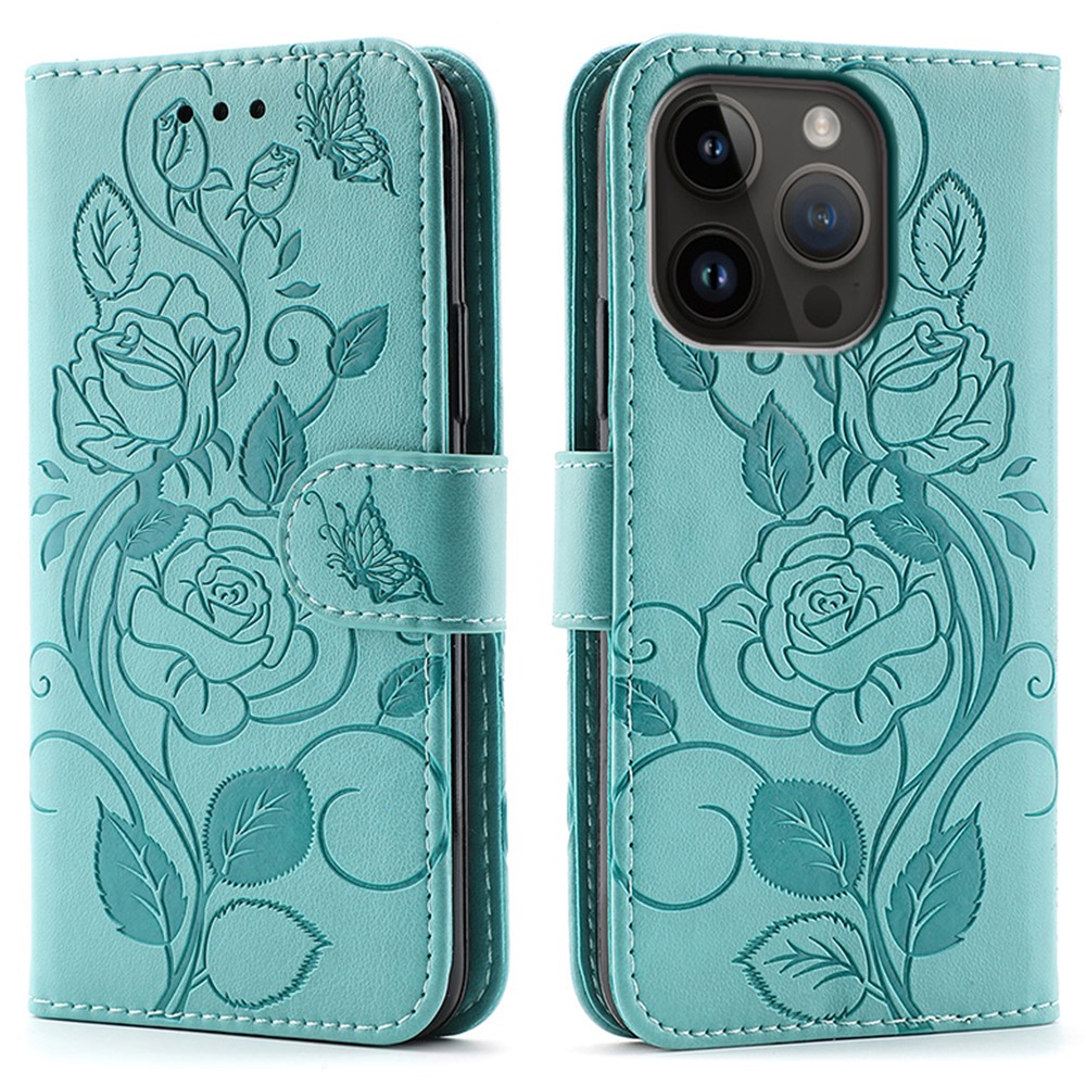 For iPhone 14 Pro Case Wallet Stand Imprinted Rose Butterfly PU Leather Phone Cover - Green