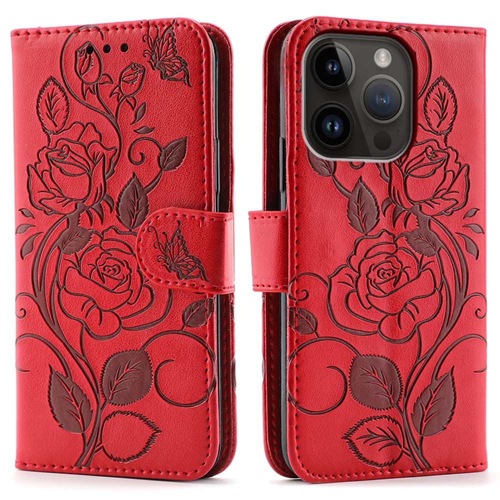For iPhone 14 Pro Case Wallet Stand Imprinted Rose Butterfly PU Leather Phone Cover - Red