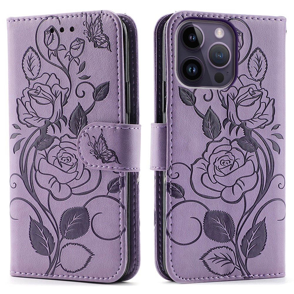 For iPhone 14 Pro Max Case Wallet Stand Imprinted Rose Butterfly PU Leather Phone Cover - Purple