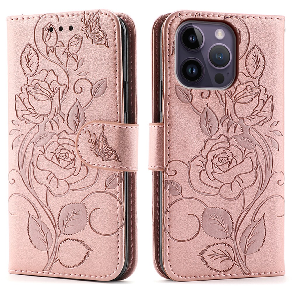 For iPhone 14 Pro Max Case Wallet Stand Imprinted Rose Butterfly PU Leather Phone Cover - Rose Gold
