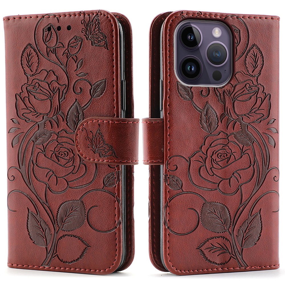 For iPhone 14 Pro Max Case Wallet Stand Imprinted Rose Butterfly PU Leather Phone Cover - Brown