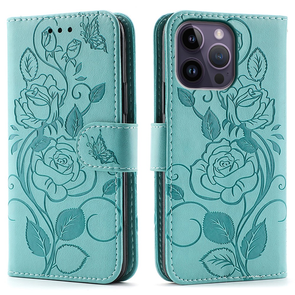For iPhone 14 Pro Max Case Wallet Stand Imprinted Rose Butterfly PU Leather Phone Cover - Green