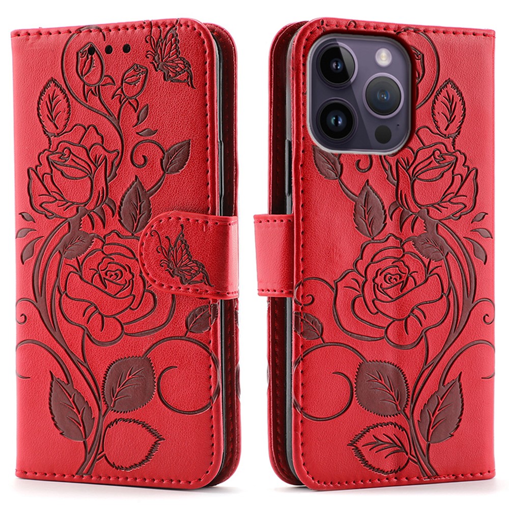 For iPhone 14 Pro Max Case Wallet Stand Imprinted Rose Butterfly PU Leather Phone Cover - Red