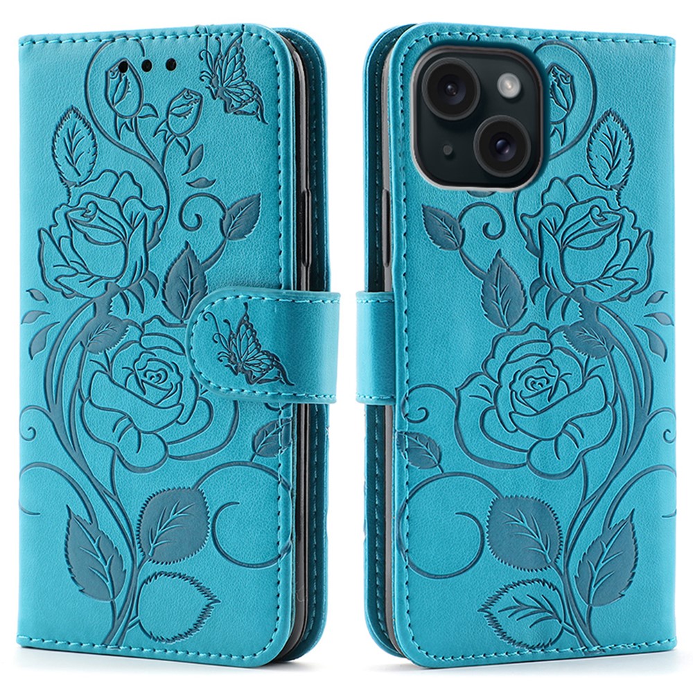 For iPhone 15 Case Wallet Stand Imprinted Rose Butterfly PU Leather Phone Cover - Blue