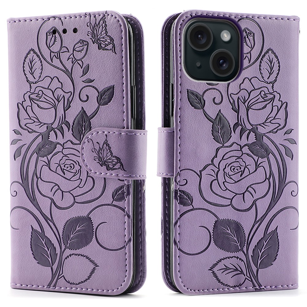 For iPhone 15 Case Wallet Stand Imprinted Rose Butterfly PU Leather Phone Cover - Purple