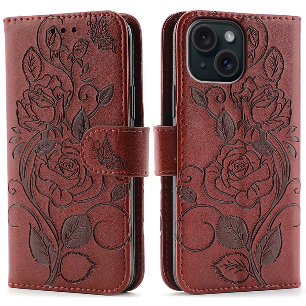 For iPhone 15 Case Wallet Stand Imprinted Rose Butterfly PU Leather Phone Cover - Brown