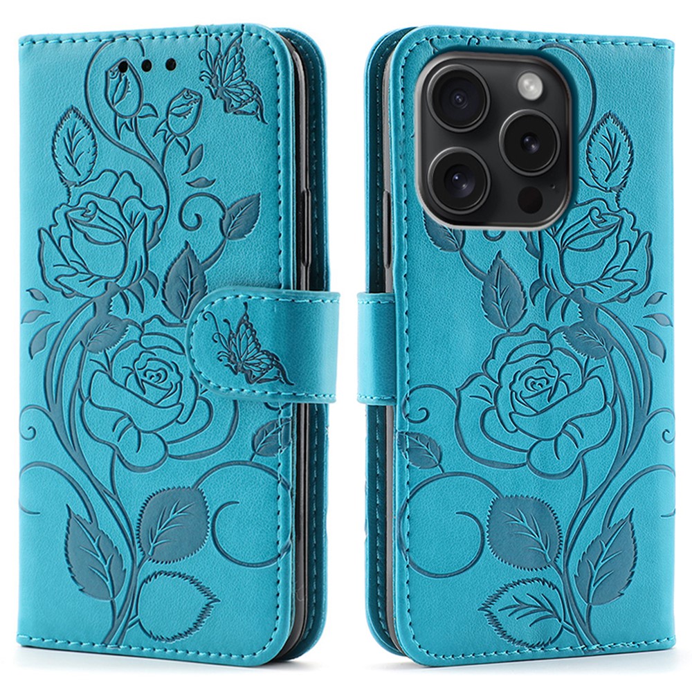 For iPhone 15 Pro Case Wallet Stand Imprinted Rose Butterfly PU Leather Phone Cover - Blue