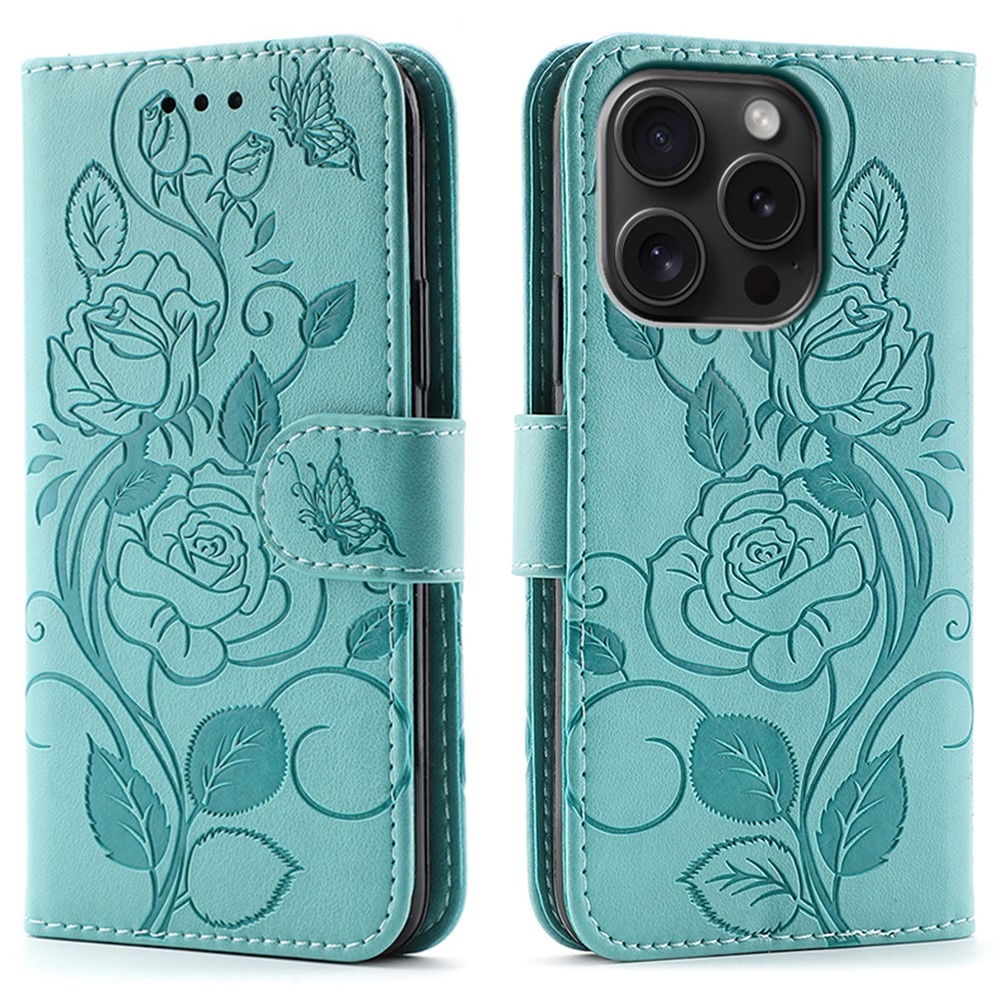 For iPhone 15 Pro Case Wallet Stand Imprinted Rose Butterfly PU Leather Phone Cover - Green